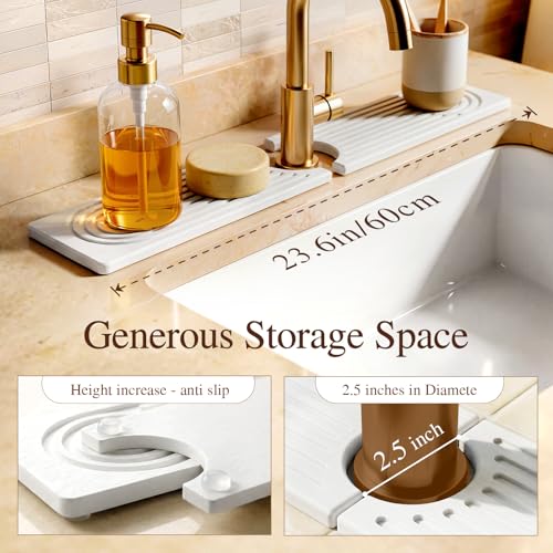 2 Pack Stone Faucet Mat for Kitchen Sink, Absorbing Drying Stone Mat Prevent Moisture, Sink Splash Guard Water,Natural Diatomite Stone Tray for Bathroom Counter 23.6*3.9inch (White+White) - color: White+White