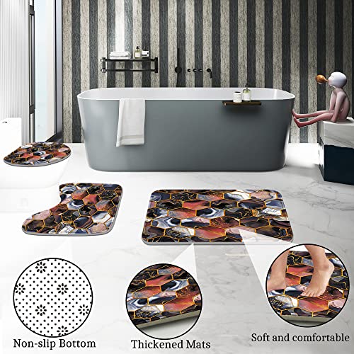 Poedist 4 Pcs Bathroom Shower Curtain Set,Purple Honeycomb Marble Bathroom Sets with Rugs(Bath Mat,U Shape and Toilet Lid Cover Mat) and 12 Durable Hooks - color: Brown