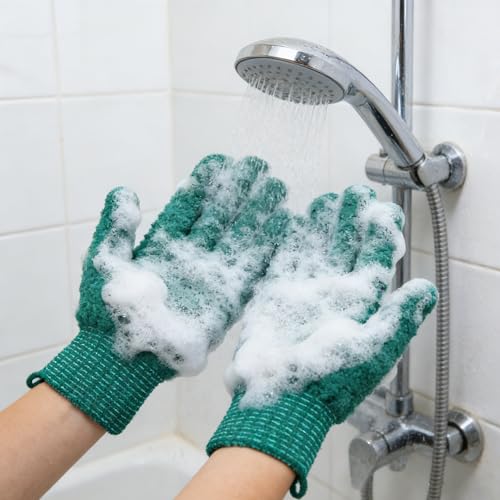 Exfoliating Bath Gloves 2 Pairs - Heavy Texture Body Scrub Gloves for Shower, Spa, Massage and Body Scrubs, Dead Skin Remover, Washing Gloves with Hanging Loop(Dark Green) - color: Green1