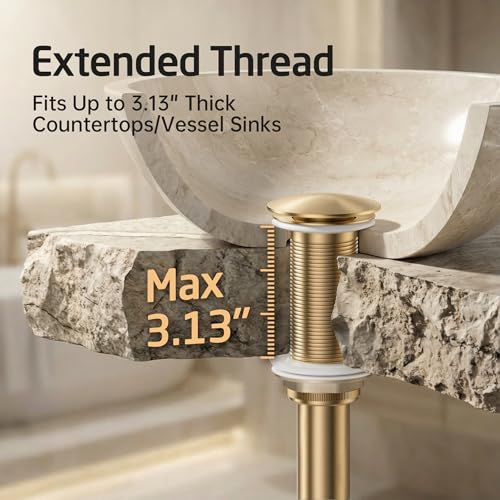 KES All-Metal Pop Up Bathroom Sink Drain, Extended Thread for Thicker Vessel Sinks & Countertops, Durable Brass & Stainless Steel, No Overflow, Brushed Gold, S2022D-BZ - color: Brushed Gold, style: NO Overflow, Long Thread