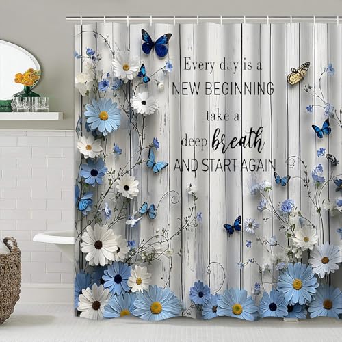 AZHM Blue Daisy Flower Shower Curtain Set 4pcs Rustic Daisy Floral Bathroom Set with Butterfly Accents with Inspirational Quotes Shower Curtain and Rugs - color: White Blue