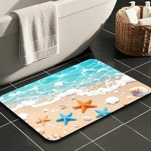 Quick Dry Bath Mat for Bathroom,Super Absorbent Beach Seashell Bath Rug Non-Slip Rubber Backing,Machine Washable Bathroom Floor Mat for Shower, Tub, Sink Area Ocean Blue 30x20 - color: Blue1, size: 1'8" x 2'6" (Rectangular)