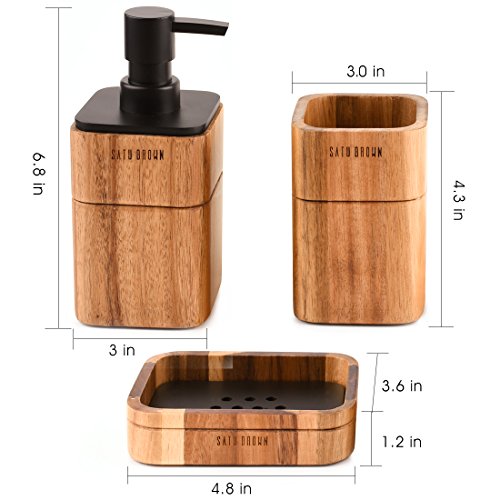 Bathroom Accessory Set Acacia Wood 3 Pieces Includes Bathroom Soap Dispenser, Bathroom Tumbler, Soap Dish Accessories for Bathroom Decor and House Warming Gift