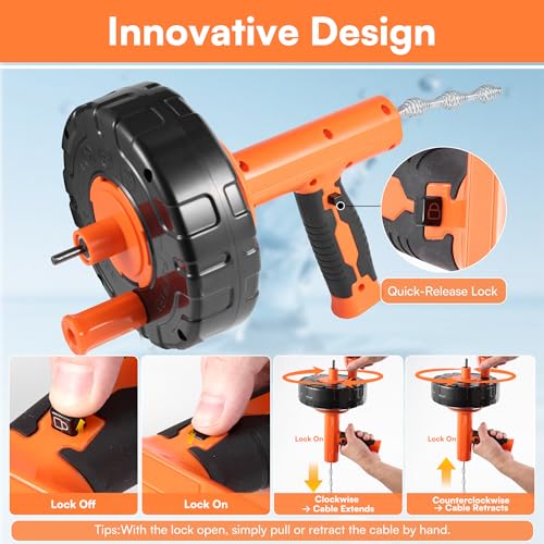 Drain Snake Hair Drain Clog Remover with Drill Adapter, 33ft Flexible Steel Spring Head Drain Augers, Manual or Powered, Sink Drain Snake Clog Remover for Bathroom Kitchen Tub Shower Drain Snake