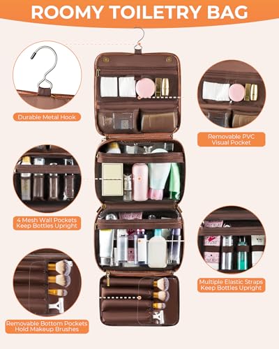 Elviros Hanging Travel Toiletry Bag Gift for Men，Mens Toiletries Bag Gifts Set Shaving Dopp Kit Water-resistant Bathroom Toiletries Organizer PU Leather Cosmetic Bags 2 Pack - color: Dark Brown, size: 2 Pack