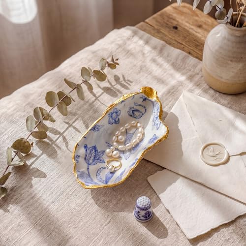 Natural Oyster Ring Trinket Dish Vintage Jewelry Tray for Keys Small Jewelry Holder for Bridal Shower Favors Friends Sisters Daughter Mother Gift Seaside Decor(Blue Willow) - style: Blue Willow