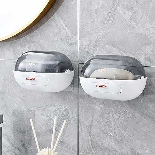 1Pc Shower Soap Dish Holder with Lid, Bar Soap Holder with Drain, Wall Mounted Soap Box Container for Shower, Bathroom, Bathtub, Kitchen Sink, Adhesive Included - color: 1pc Wall-mounted