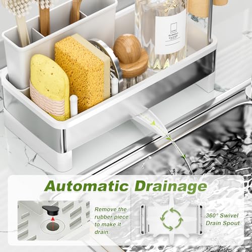 Ewaiira Stainless Steel Sink Caddy, Sponge Holder for Kitchen Sink with Brush Holder & Dishcloth Rack, Rustproof Organizer Countertop, Soap Dispenser Kitchen Organizers Storage Essentials, White 9.8″ - color: B-white