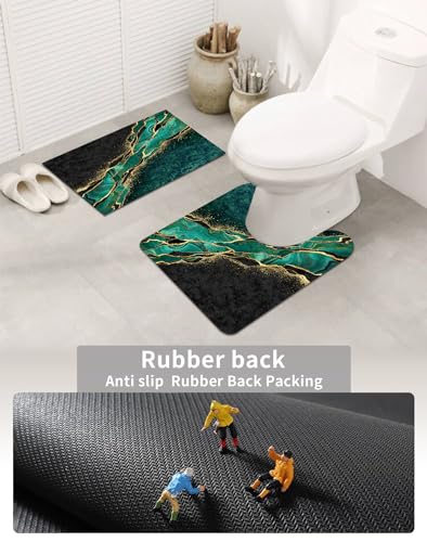 Black and Gold Green Bathroom Rugs,Emerald Green Marble Hunter Dark Green Bath Rug Set 3 Piece,Abstract Modern Rubber Quick Dry Super Absorbent Bath Mat - color: Green Gold Marble