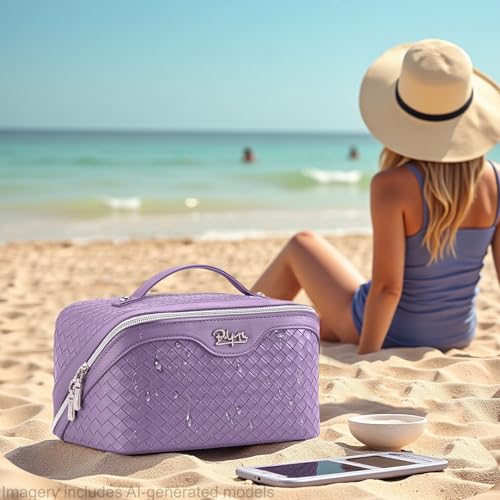 BOYATU Travel Makeup Bag Cosmetic Bags for Women: Large Capacity 3 Pcs Set Make up Bag with Compartments - Waterproof Vegan Leather Toiletry Organizer Bags with Handle (L01 Purple) - color: L01 Purple