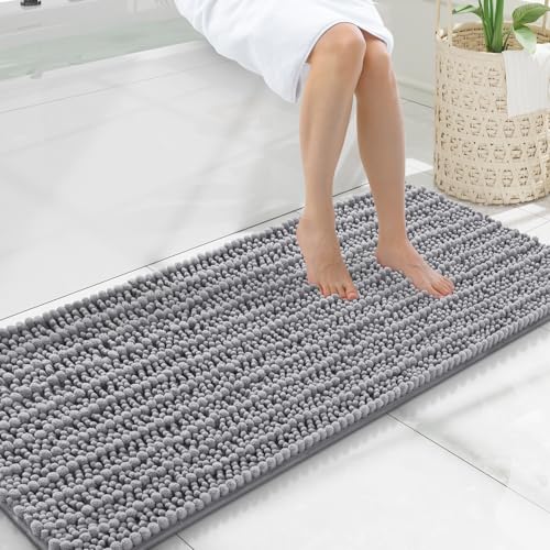 Smiry Bathroom Rugs Mat 47x20, Extra Soft Absorbent Chenille Bath Rugs, Non Slip Rubber Backing Machine Washable Quick Dry Bath Mats for Bathroom Floor, Tub, Shower, Home Decor Accessories, Grey - color: Grey, size: 47'' X 20''