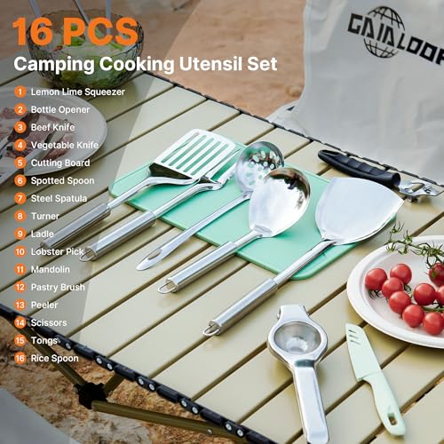 Gaialoop Portable Camping Cooking Utensils Set, Camp Kitchen Set with Organizer Bag, RV Essentials Outdoor Cooking Utensil Kit for Travel, Picnics, Camping, BBQs, Parties - style: 16pcs