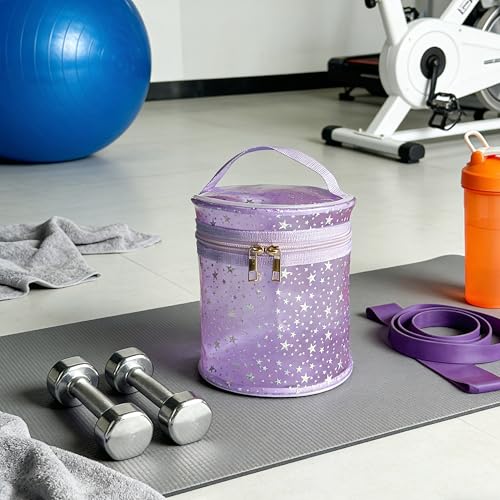 Waterproof Pink Star PVC Makeup Bag - 7.1x6.3in Barrel Cosmetic Organizer with Zipper, Portable Toiletry Pouch for Women & Men (Purple) - color: Purple