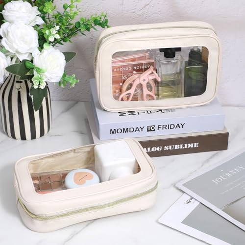6 Pcs White Clear Makeup Bags with Zipper Car Cosmetic Bag PU and PVC Travel Toiletry Pouches for Women Gift, Valentine's Day Wedding Gift
