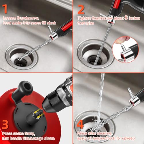 Drain Snake Auger, 50 Feet Flexible Plumbing Snake with 1/4" Drill Adapter, Manual or Drill Powered Drain Cleaner for Kitchen Sink, Bathroom & Shower Drains, Includes Gloves Storage Bag, Red - color: Red-50FT