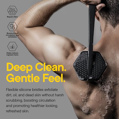 TOOLETRIES Silicone Back Scrubber for Shower with Hook - Charcoal | Long ergonomic bath brush with a non-slip grip for exfoliating and reaching hard-to-reach areas comfortably. - color: Charcoal