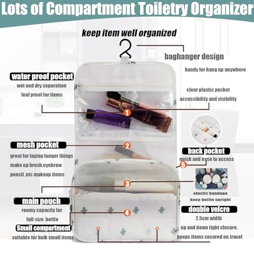 L&FY Hanging Toiletry Bag For Women-Portable Travel Toiletry Bag Water-resistant Makeup Organizer Bag For Cosmetic, Travel Toiletries, Accessories (White With Cactus) - color: Cactus/White, size: Compact Size