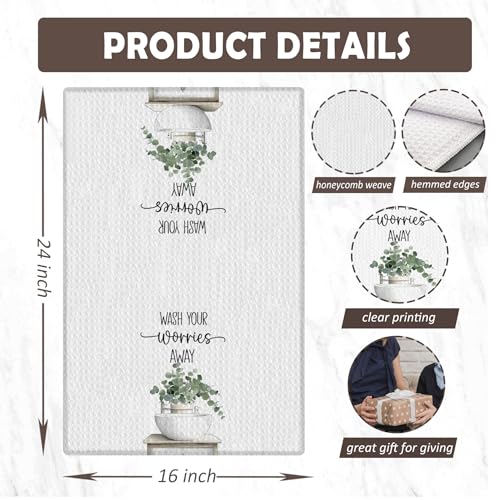 Vintage Eucalyptus Bathroom Decor Hand Towels, Wash Your Worries Away Sage Green Eucalyptus Leaves Hand Towels for Bathroom Washroom Restroom Toilet Decor, 16x24 Inches - color: Wash Bathroom B