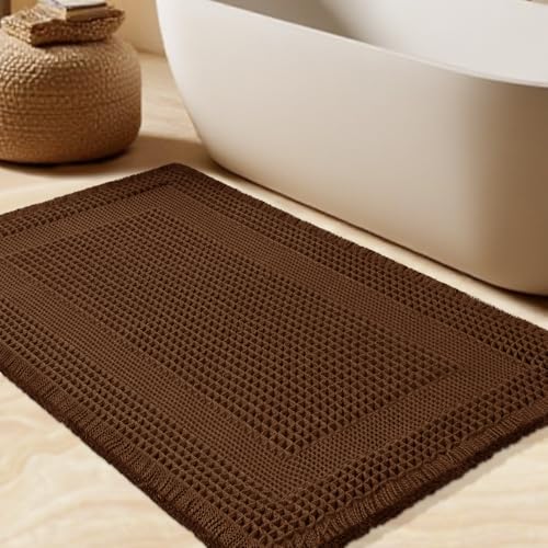 Waffle Bath Mat, Boho Woven Modern Bath Rug Absorbent Non Slip, Ultra Soft Bathroom Mats, Machine Washable Knit Bath Rugs with Tassels for Bathroom, Bedroom, Kitchen, Shower, Tub, 32"x20", Brown - color: Brown-looped, size: 1'8" x 2'8" (Rectangular)
