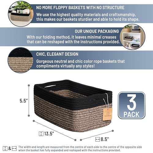 NaturalCozy 13.5”x8.5”x5.5” Rectangle Storage Baskets for Shelves 3 Pack | Cotton Rope Woven Small Baskets for Organizing | Small Storage Bins for Nursery, Bathroom, Closet, Shelf, Decorative - color: Black & Mixed Black, size: 13.5" x 8.5" x 5.5"