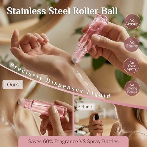 PrettyCare 4 Pack, 10 ml Essential Oil Roller Bottles with Stainless Steel Roller Ball - Refillable Leak-proof Empty Thick Pink Glass Roll on Bottles with Pink Caps for Travel, Perfume - color: Pink with Pink Cap, size: 4 Pack