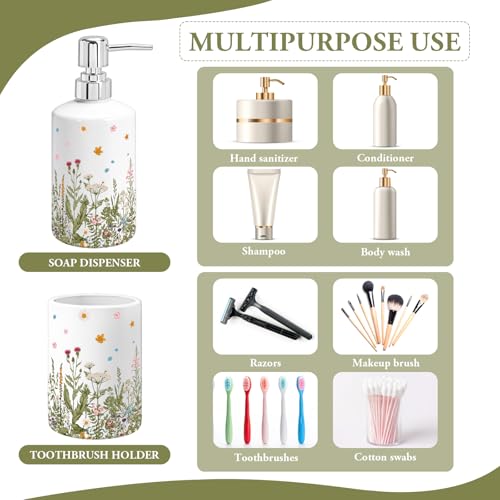 FYSUIMU Wildflower Bathroom Toothbrush Holder Set Green Vintage Floral Ceramic Soap Dispenser with Tooth Brush Organizer for Modern Bathroom Accessories Countertop Decor - color: Wildflower