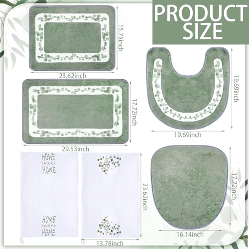 Nuanchu 6 Pcs Sage Green Bathroom Rugs Set with Eucalyptus Leaves Hand Flowers Towels Non Slip U-Shaped Fresh Toilet Rug Water Absorption Bath Mat for Bathroom Bedroom Living Room - color: Green, style: Eucalyptus Leaves
