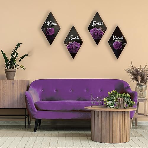 ONIZHITY Set of 4 Purple Bathroom Decor Rose Wooden Wall Decor Flower Rustic Romantic Floral Farmhouse Wall Decor Breathe Soak Unwind Relax Sign Purple Decor for Room Bedroom Bathroom (purple 12 x 7) - color: Purple Rose