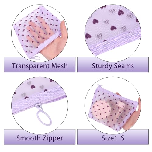 6 Pieces Zipper Mesh Makeup Bags Set, Nylon Cosmetic Bags Portable Clear Toiletry Bas Travel Organizer Bags for Office Travelling Organization (Purple Heart Printed, Assorted Size) - color: Purple Heart Printed