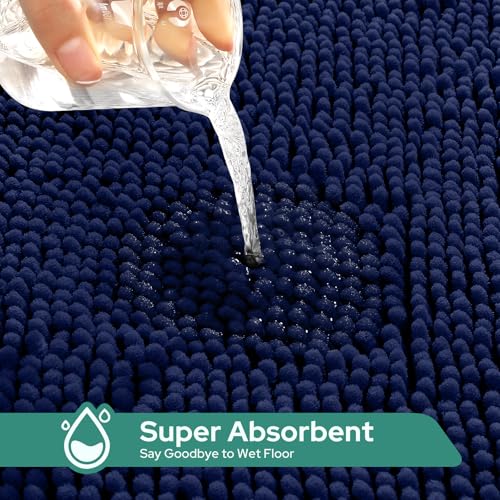 HOMEIDEAS 3 Pieces Navy Blue Bathroom Rugs Set, Ultra Soft Non Slip Bath Rug and Absorbent Chenille Bath Mat, Includes U-Shaped Contour Rug, Bath Mat and Toilet Lid Cover, Perfect for Bathroom, Tub - color: Navy Blue, size: 20"x32"+U 20"x24"+Cover 18"x21"