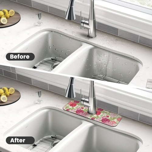 English Rose Flower Floral Pink Red 15" X 5.5" Kitchen Sink Splash Guard Faucet Faucet Guard Draining Mat Sink Splash Guard Faucet Kitchen Bathroom - color: English Rose Flower Floral Pink Red