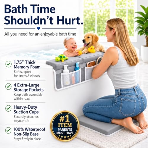 Comfortable Baby Bath Kneeler and Elbow Rest Pad Set, Non-Slip Bathtub Kneeling Pad for Bathing Baby, Bath Tub Cushion Mat, Elbow Pads, Toy Organizer Storage Pockets, Strong Suction Cups - color: Light Gray
