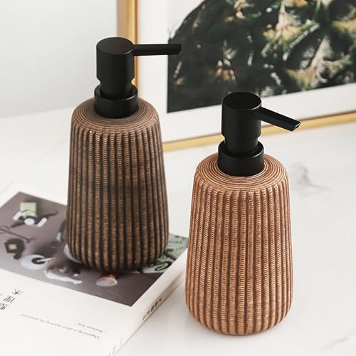 Comeon Hand Soap Dispenser, 12OZ/340ml Marble Dish Soap Dispenser Ceramic Countertop Refillable Hand Lotion Pump Bottle Liquid Hand Soap Jar Shower Dispenser Kitchen Bathroom Décor (Light Brown)
