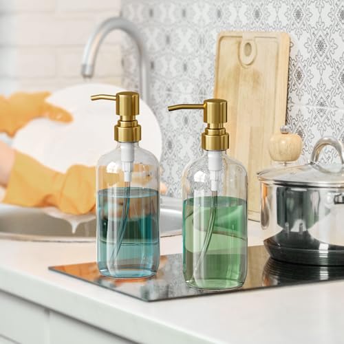 AmazerBath Soap Dispenser, 2 Pack Glass Soap Dispenser with Pump Stainless Steel, 17 Oz Clear Gold Hand Soap Dispensers for Bathroom and Kitchen - color: Cear & Gold