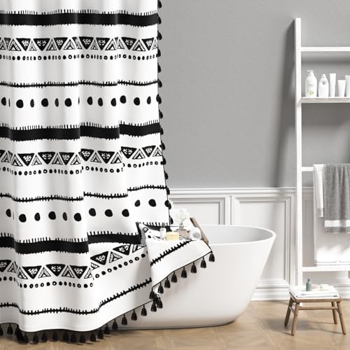 AOFOTO Boho Shower Curtain Black Striped Geometric Pattern Shower Curtains for Bathroom Tassel Bohemian Shower Curtain Modern Bathroom Home Decor with Hooks Waterproof 48x72 Inches - color: Black Dots, size: 48"W x 72"L (Pack of 1)