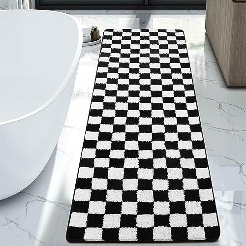 Uphome Bathroom Rug Runner, Black and White Checkered Large Machine Washable Bath Mat Non Slip, 24x71 Water Absorbent Soft Microfiber Bath Rug for Tub, Shower, Floor - size: 24x71 inch