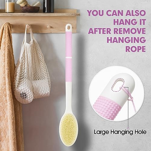 Backski Body Scrubber Anti Slip for Shower,Shower Brush Long Handle with Stiff and Soft Bristles,Body Wash Exfoliating Back Scrubber for Bath or Dry Brushing Body Brush(Pink)