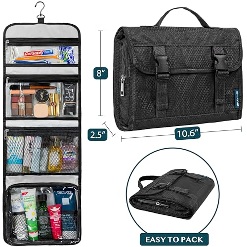 PAVILIA Travel Hanging Toiletry Bag for Women Men, Large Capacity Makeup Bag Kit, Waterproof Cosmetic Storage Organizer Case for Bathroom Shower - color: Black, size: Large