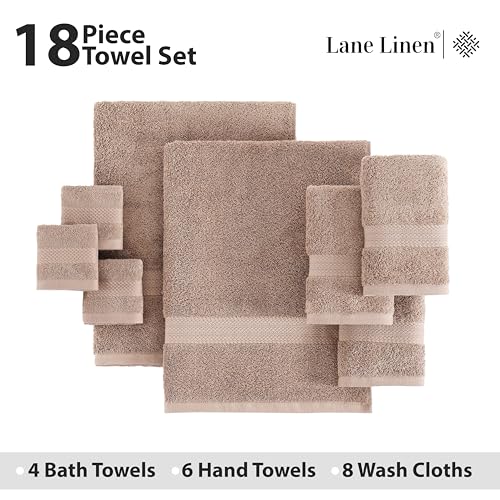 LANE LINEN 18 Piece Cotton Towel Set - Soft, Absorbent & Perfect Family Set - 4 Bath, 8 Washcloths, 6 Hand Towels for Bathroom - Ideal for Home, Spa & Gym - Quality You Can Trust - Taupe - color: 05: Taupe, size: 18 Piece Towel Set