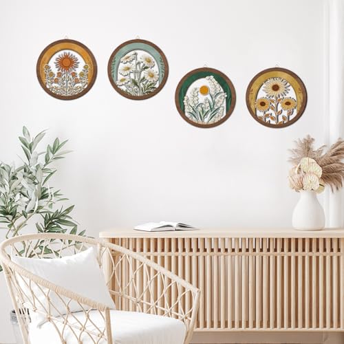 HPNIUB Vintage Flower Wall Decor, Farmhouse Sunflower Daisy Geometric Hanging Wooden Wall Art, 4 Pieces 10''x10'' Minimalist Boho Sun&Floral Wood Sign for Girls Bedroom Living Room Office - color: Vintage flower