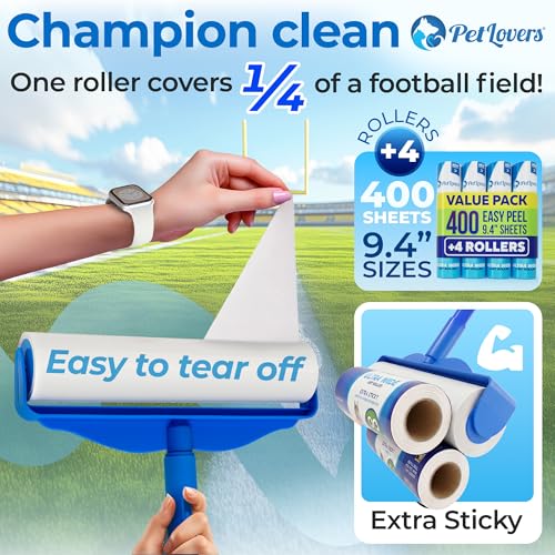 PetLovers Large Lint Roller with 3 Refills – 400 Total Sheets for Tackling Pet Hair, Extra Large Floor and Carpet Roller for Homes with Pets, Perfect for Floors, Furniture, and Loving Pet Owners - size: 4 Pack Floor Roller