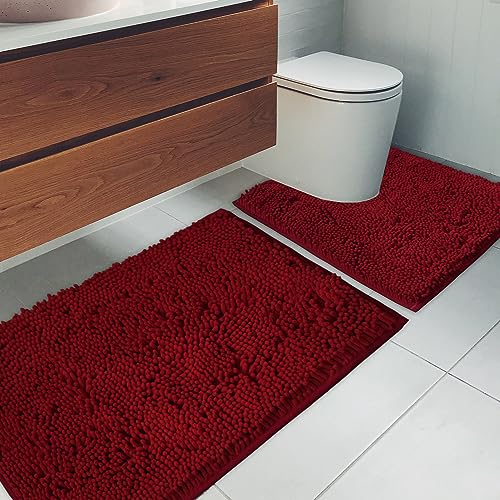 Bathroom Rugs Chenille Bath mat 2 Piece Set, Super Absorbent, Strong PVC Non Slip Backing, Bath mats for Bathroom, Plush Shaggy, Thick, Machine Washable, Bathtub, Toilet.(Burgundy) - color: Burgundy, size: 20''×20''U-Shape+20''×32''