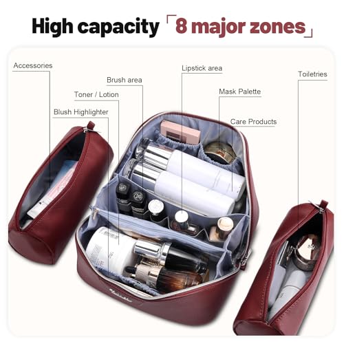 BOYATU Travel Makeup Bag Cosmetic Bags for Women: Large Capacity 3 Pcs Set Make up Bag with Compartments - Waterproof Vegan Leather Toiletry Organizer Bags with Handle (L29Red) - color: L29Red