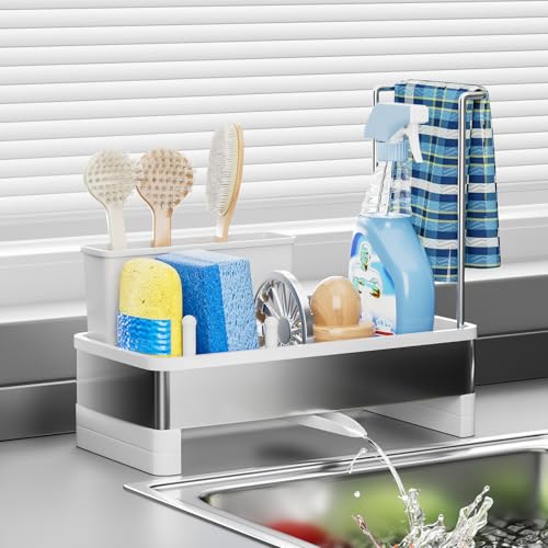 Ewaiira Stainless Steel Sink Caddy, Sponge Holder for Kitchen Sink with Brush Holder & Dishcloth Rack, Rustproof Organizer Countertop, Soap Dispenser Kitchen Organizers Storage Essentials, White 9.8″ - color: B-white
