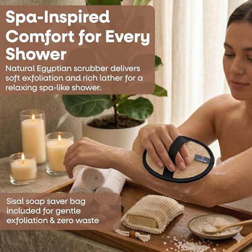 L'Exfose Organic Natural Loofah Body Scrubber for Shower – Dual Sided Egyptian Fiber Plastic Free Loofah – Quick Dry Natural Body Scrubber with Sisal Soap Saver Bag – Minimal Spa Gift for Men Women - color: Black & Salmon