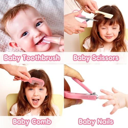 Baby Grooming Kit, Infant Safety Care Set with Hair Brush Comb Nail Clipper Nasal Aspirator,Baby Essentials Kit for Newborn Girls Boys (Pink) - style: Pink Kit+White Brush
