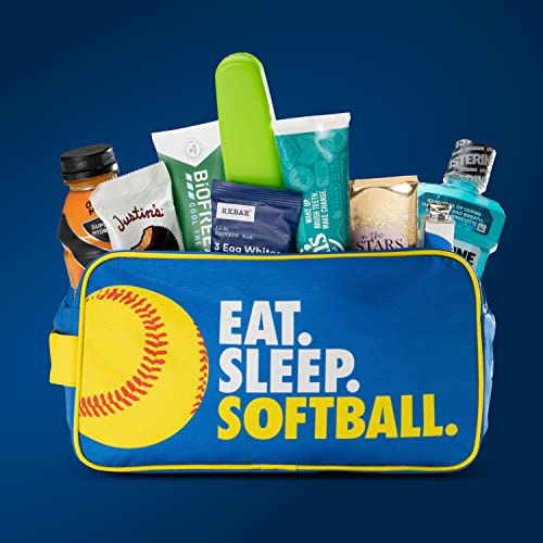 ChalkTalkSPORTS Softball Toiletry Bag - Eat Sleep Softball - Yellow Blue | Polyester, Center Zipper, Side Handle, 11 x 6 x 5 Inches, Sports Camp Bag, Makeup Bag, Makeup Pouch, Softball Gift - color: Eat Sleep Softball