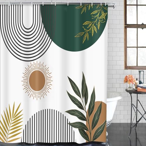 ArtSocket Mid Century Green Boho Bathroom Set with Shower Curtain and Bath Rugs and Accessories,Abstract Sun Arch Curve Leaves Geometric Non-Slip Shower Curtain Set,Bathroom Decor 3 Pcs - color: Mid Century Boho