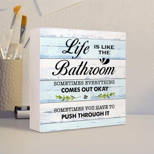BlueL Life is Like The Bathroom Wooden Box Sign Desk Decor,Funny Bathroom Wood Block Sign for Farmhouse Toilet Shelf Decor - color: Blue Rustic Wood