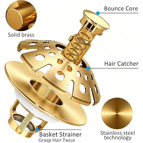 AzWzz Bathroom Sink Drain Strainer, 3 in 1 Pop Up Bathroom Sink Stopper Plug with Hair Catcher Cover, Universal for 1.06 in to 1.6 in Sink Drain, Brushed Gold - color: Brushed Gold, style: Bathroom Sink Stopper with Hair Catcher